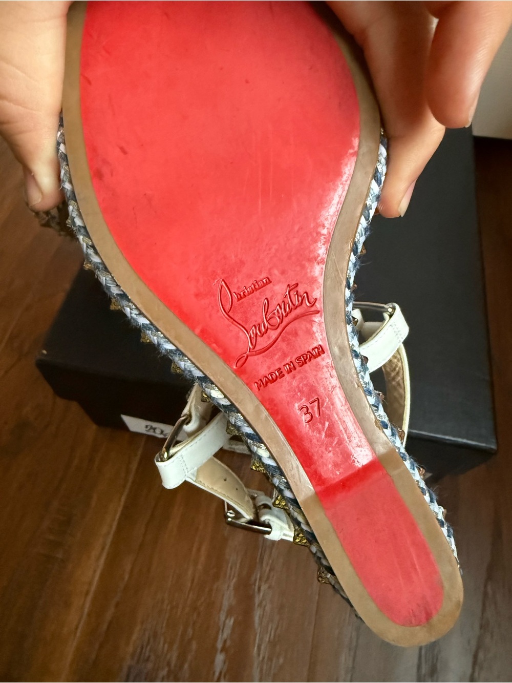 Christian Louboutin Pyraclou 110mm denim wedge sandals SZ 37 - Picture 7 of 8